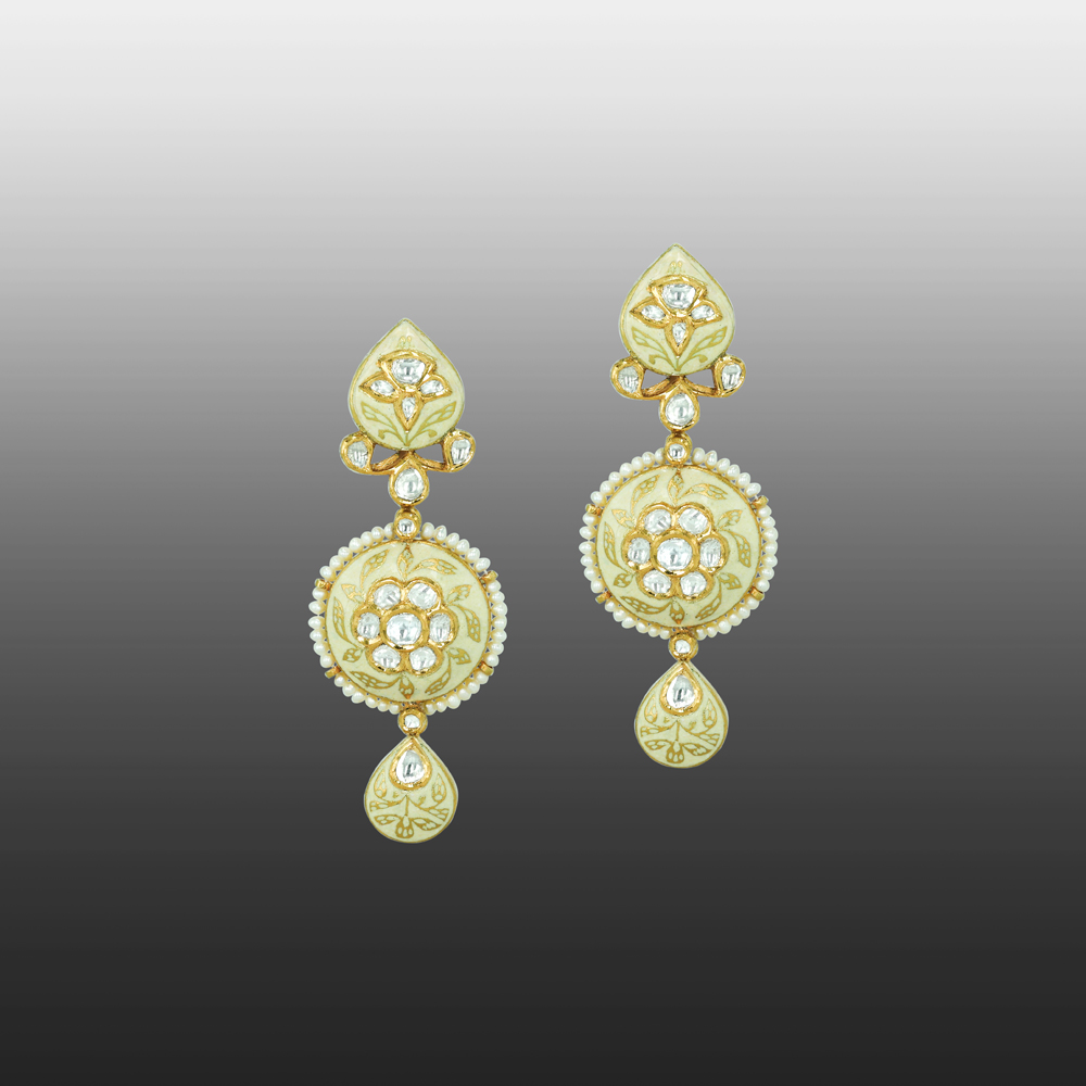 Ivory-Mint Enamel Earrings with Polkis and Pearls